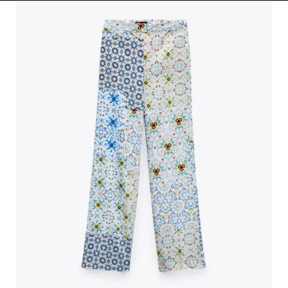 Zara Patchwork Satin Wide Leg Pant XS, Side Zipper, Flowy, Resort Wear Trending